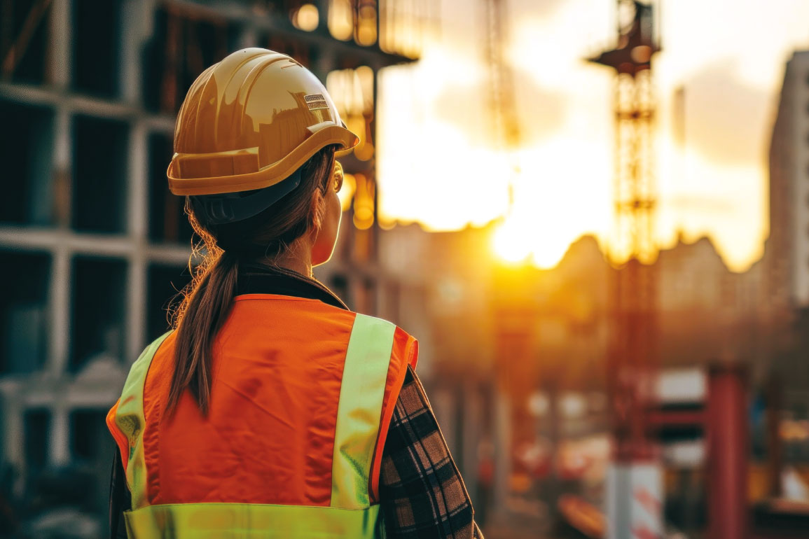 Women in construction wearing a hard hat looking at sunset
